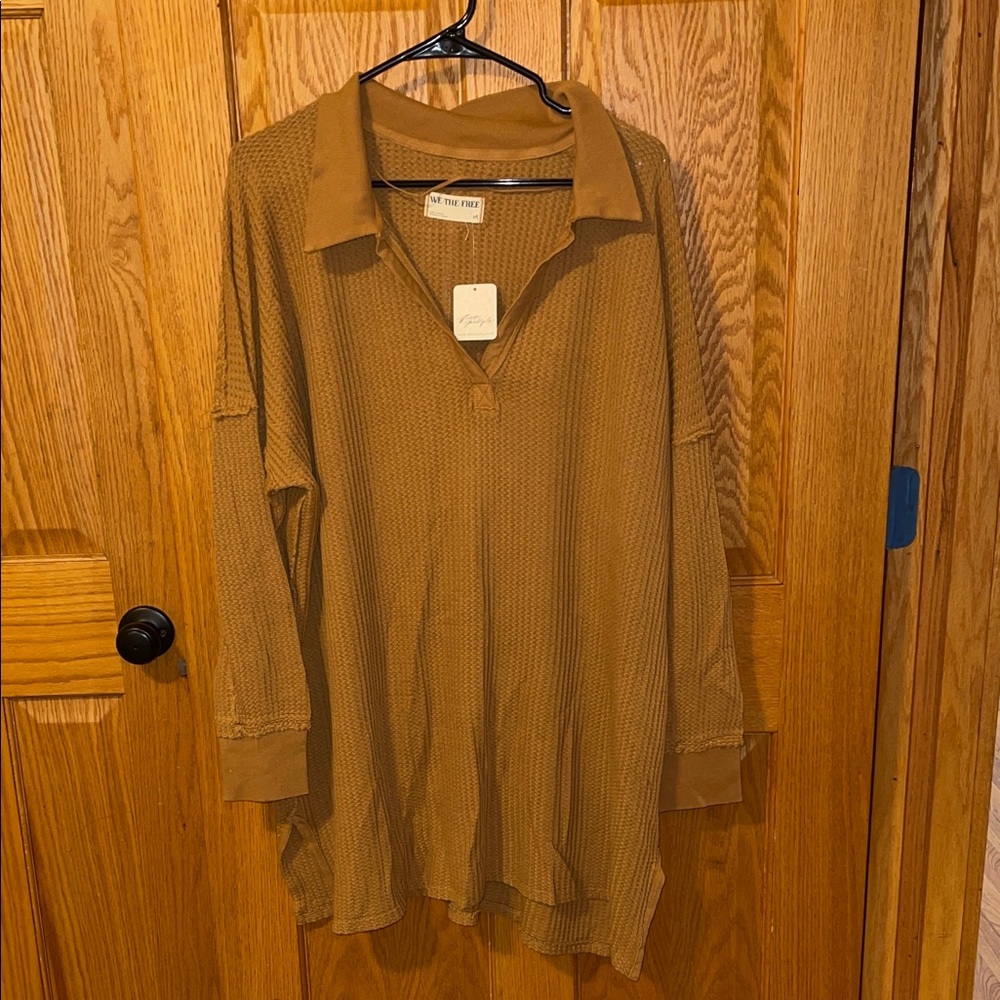 Free People Tan Waffle Knit Long Sleeve Top